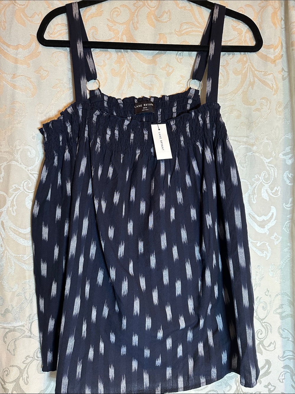 Lane Bryant Navy and White Ikat-Print Smocked Strap Camisole